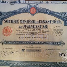 Action de la société minière et financière de madagascar 1929 